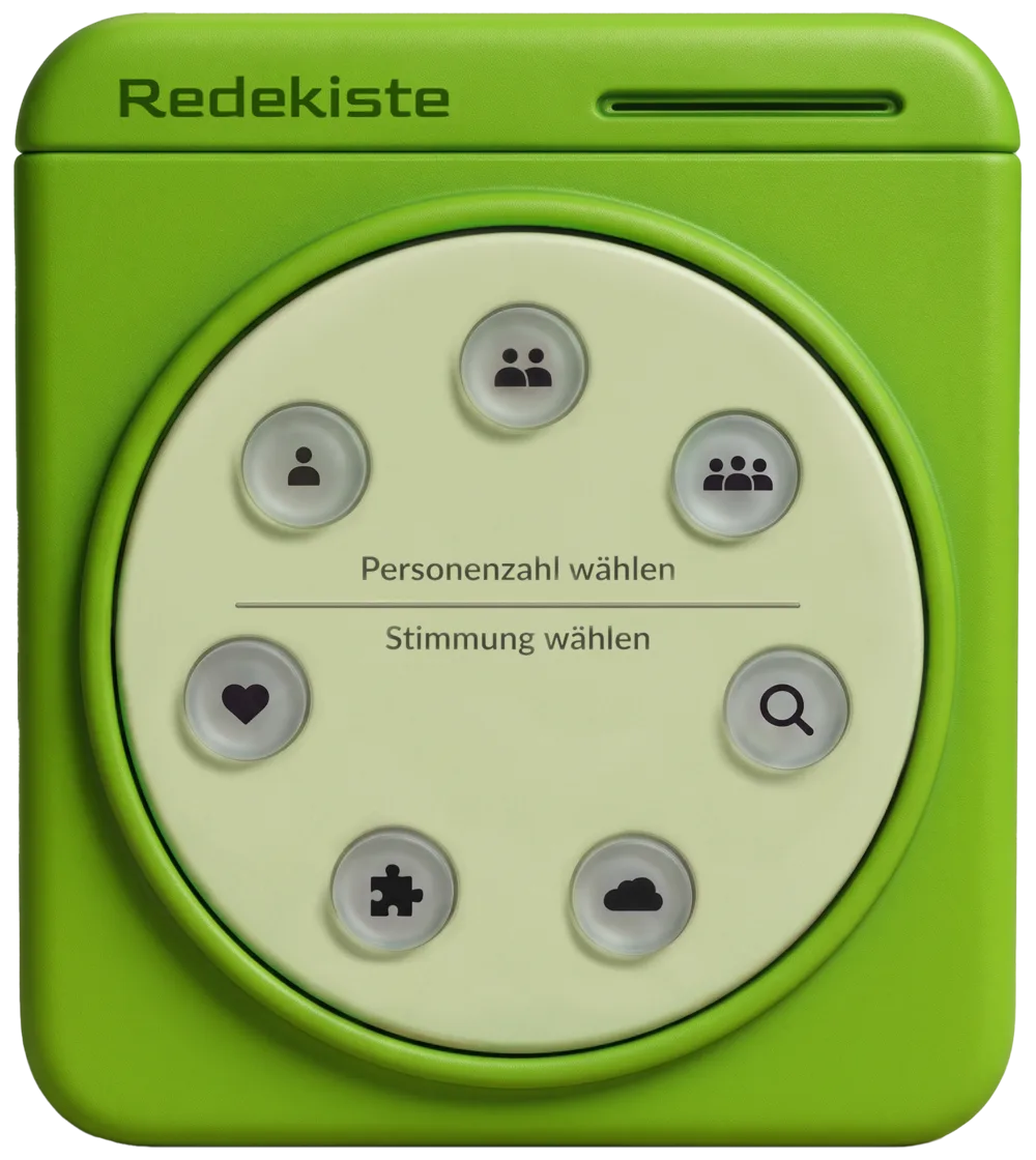 Die Redekiste: eine grüne Kiste mit runder Bedienfläche, drei Knöpfen für die Personenanzahl, vier Knöpfen für die Stimmung und einem Schlitz für den Zettel.