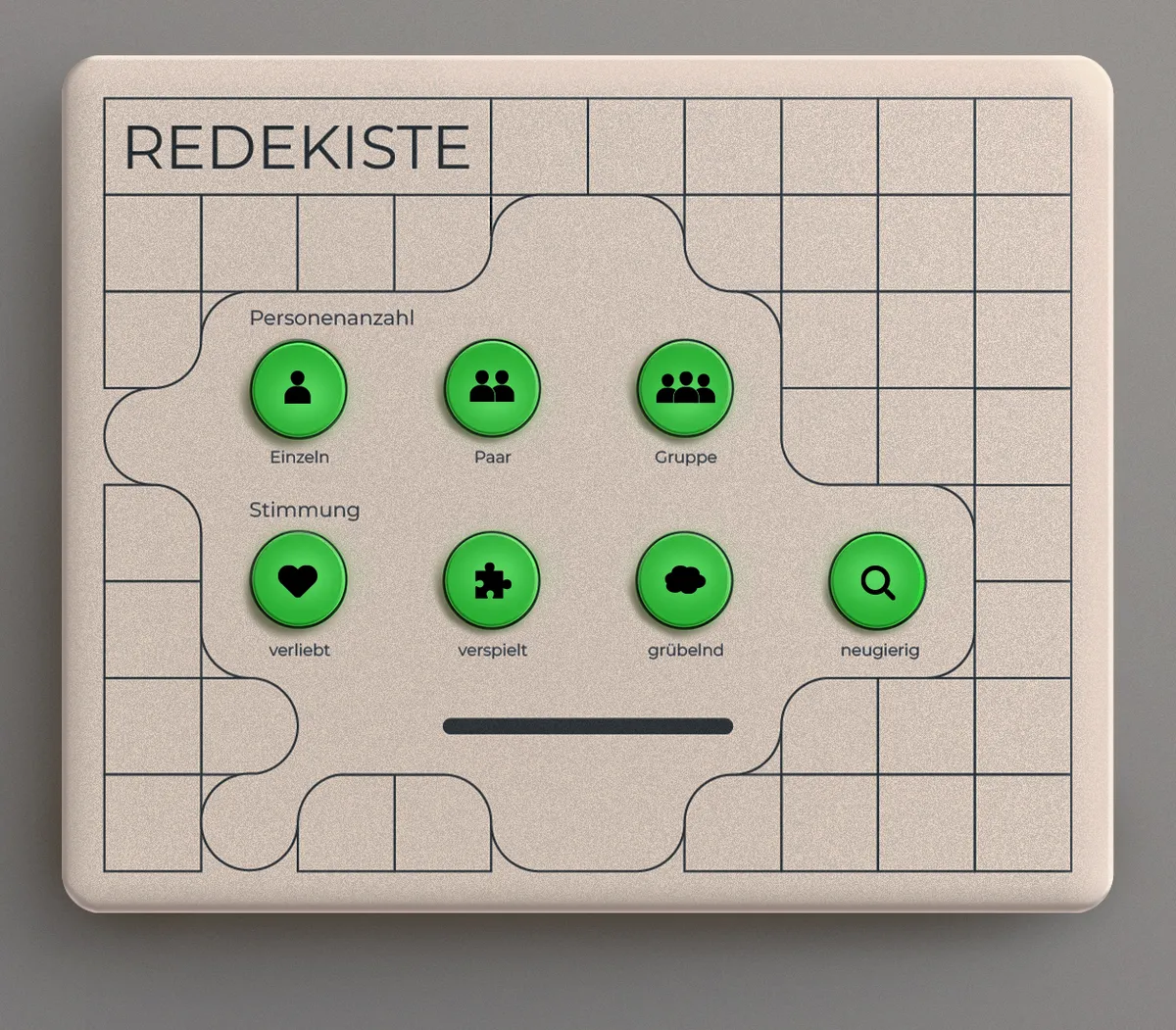 Die Redekiste: ein flaches Gerät mit Knöpfen für Personenanzahl und Stimmung und einem Schlitz für den Zettel.