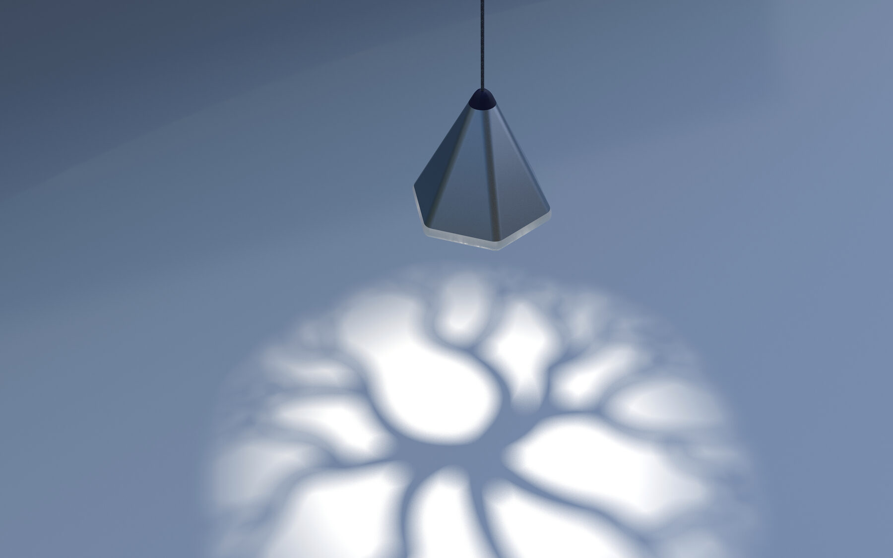 Rendering der hängenden Leuchte, deren Schatten als Komorebi-Muster auf die Wand darunter fällt.